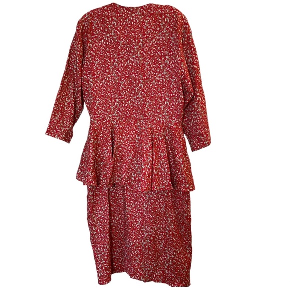 Vintage 80s does 30s Peplum Dress Floral Leaf Red Double Breasted Buttons - Picture 3 of 4